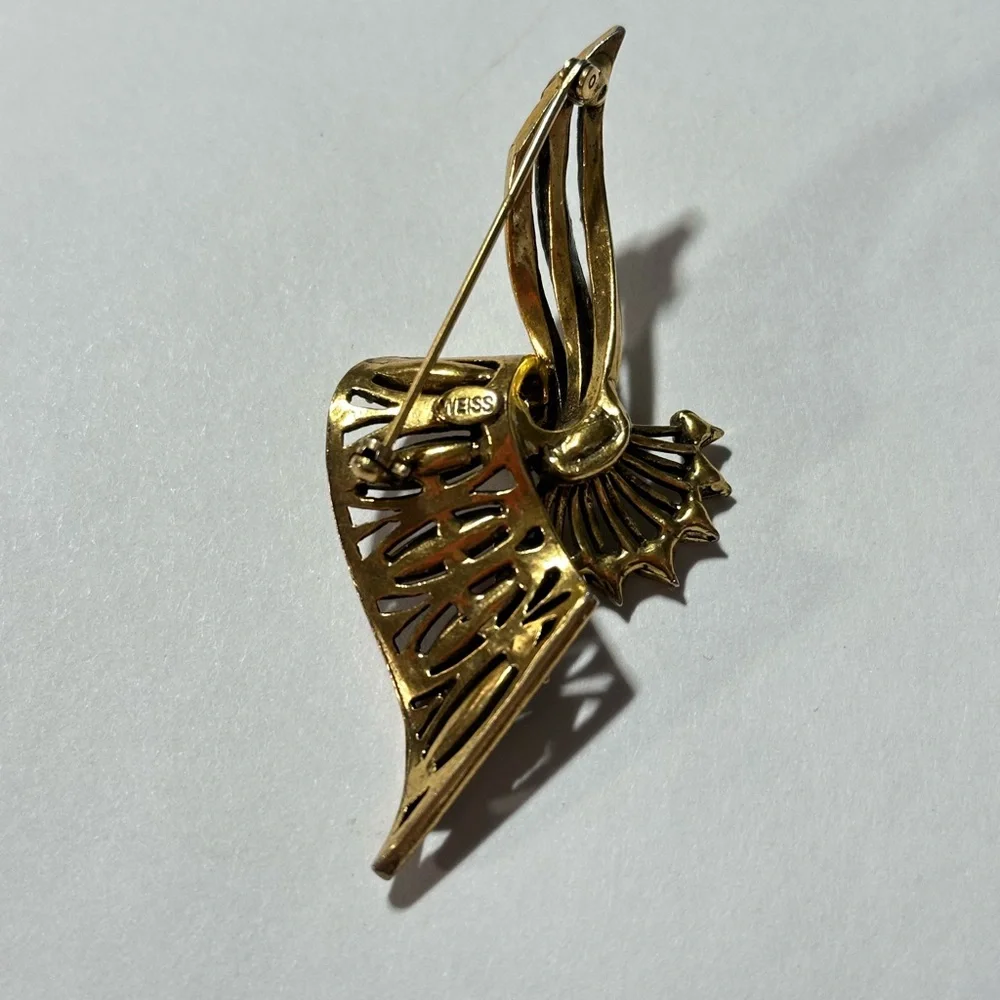 Weiss Antique Gold Tone Scroll Ribbon Style Rhinestone Pin Brooch (Repair)